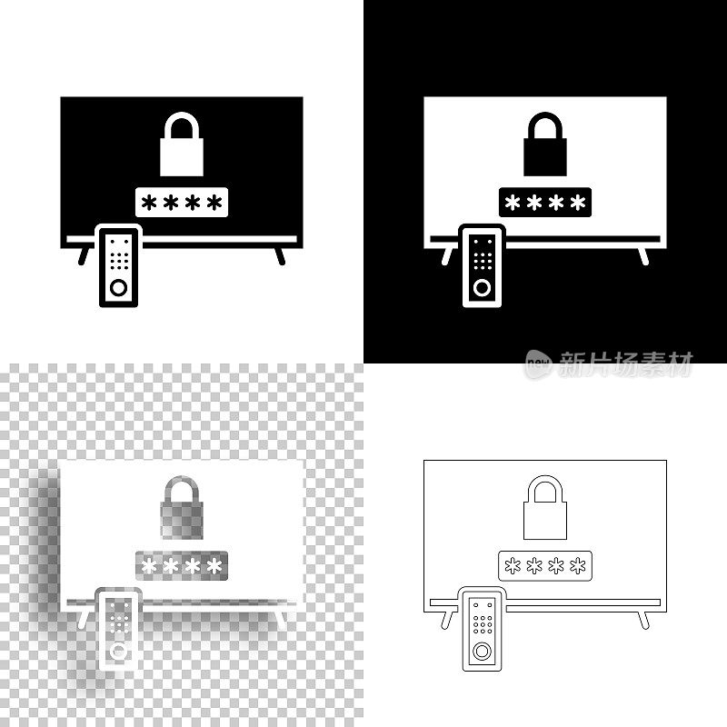 电视与密码。图标设计。空白，白色和黑色背景-线图标