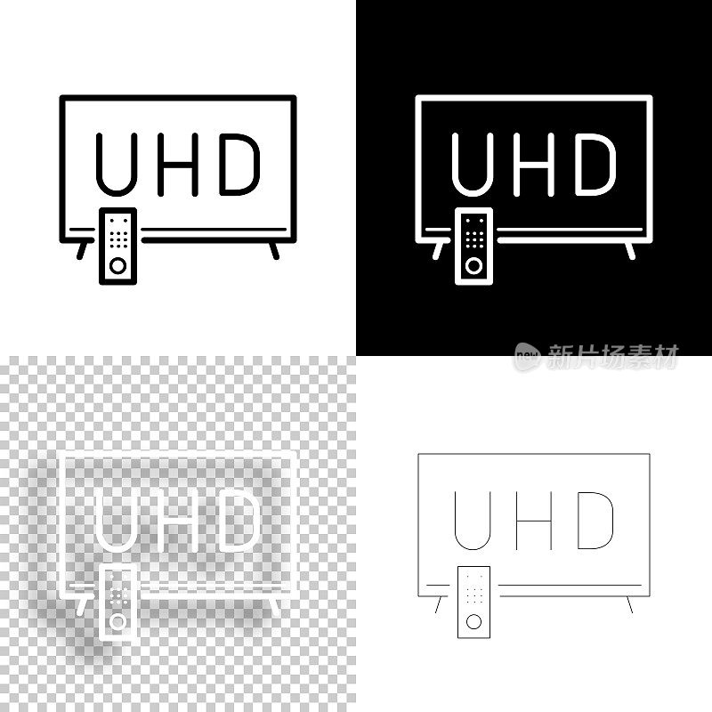 UHD电视。图标设计。空白，白色和黑色背景-线图标