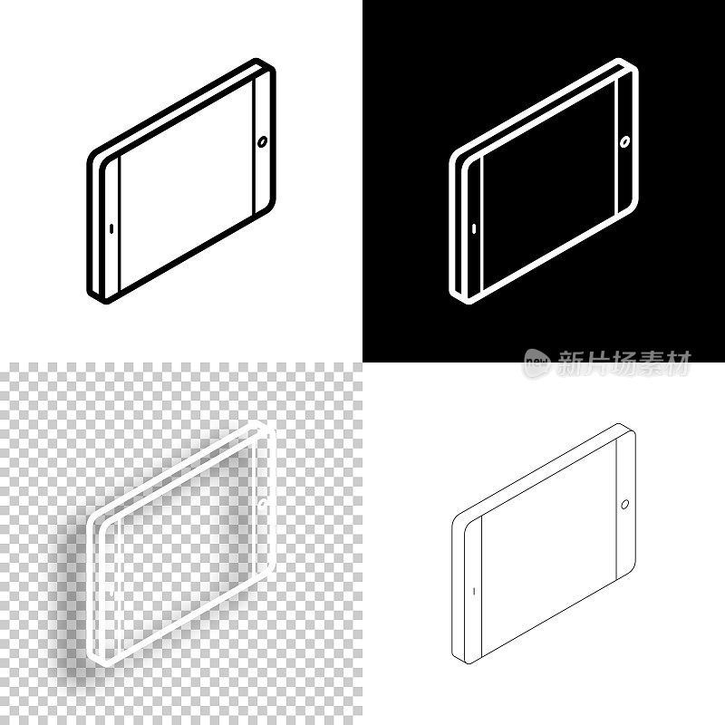 等距平板电脑-水平位置。图标设计。空白，白色和黑色背景-线图标