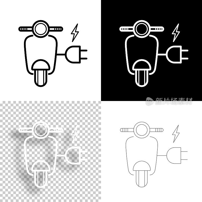 带插头的电动滑板摩托车。图标设计。空白，白色和黑色背景-线图标