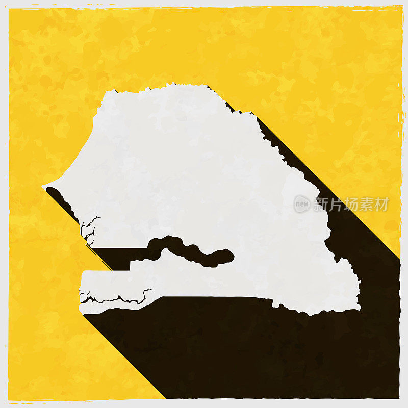 塞内加尔地图与纹理黄色背景上的长阴影