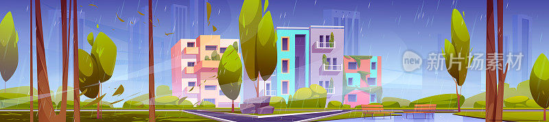 雨后的绿色城区，现代化的房屋