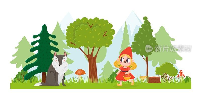 小红帽。在森林里提着篮子走路的女孩。坐在树丛中的狼动物。童话般的快乐孩子