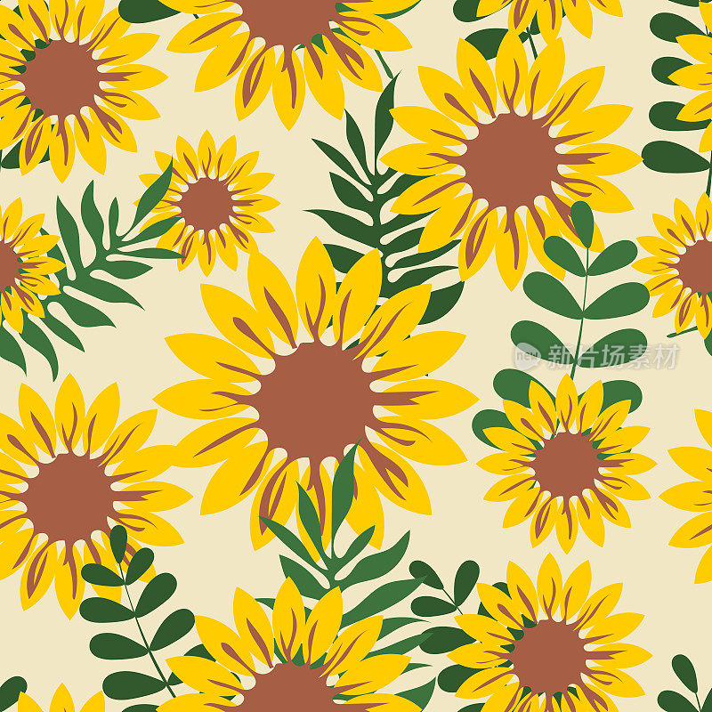向日葵。用黄花无缝图案作纺织品、织物。向量。