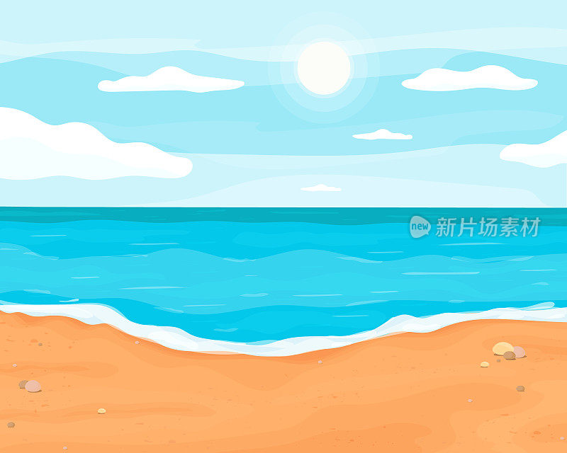 海滩的卡通背景。印刷明信片，包装。海景。沙滩，海边或海边的天堂假期。太阳正处于天顶。蓝天上的云。矢量插图,平