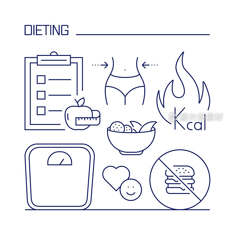 节食相关设计元素。使用大纲图标的模式设计。