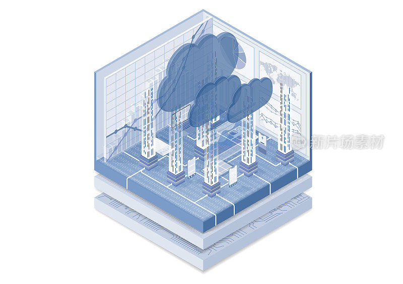 云计算和云提供商概念。互联网络设备的等距矢量插图。白色和蓝色的网页横幅。
