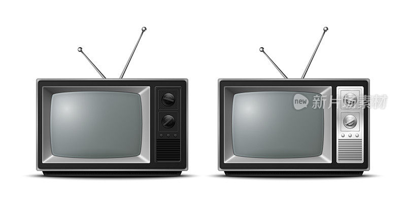 矢量3d逼真复古电视接收器特写隔离在白色。老式电视机。电视、前视图
