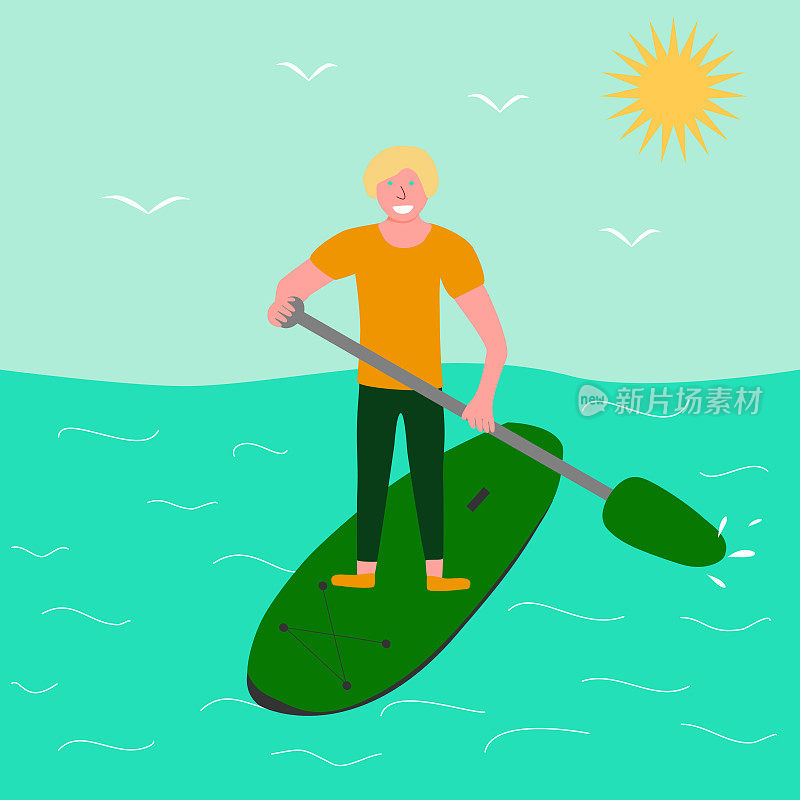 年轻人站在桨板上，在大海或大海中冲浪，矢量