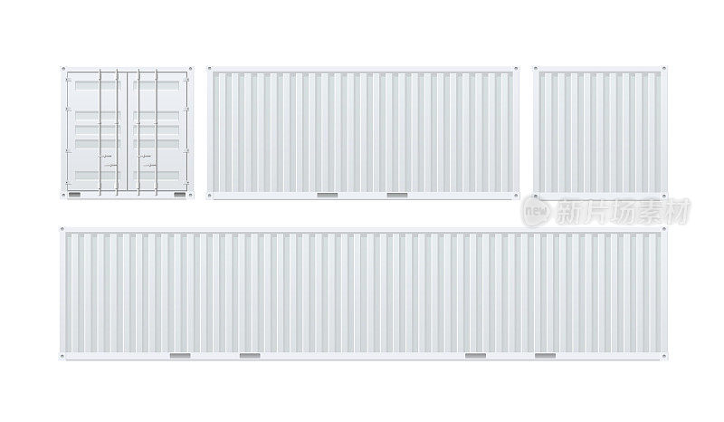 现实详细的3d航运货物集装箱白色集。向量