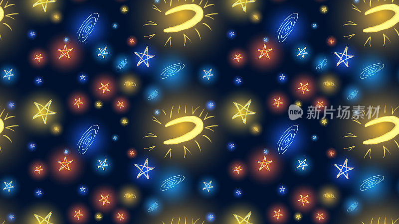 简单的发光无缝空间涂鸦插图-月亮，星系，彗星和恒星。