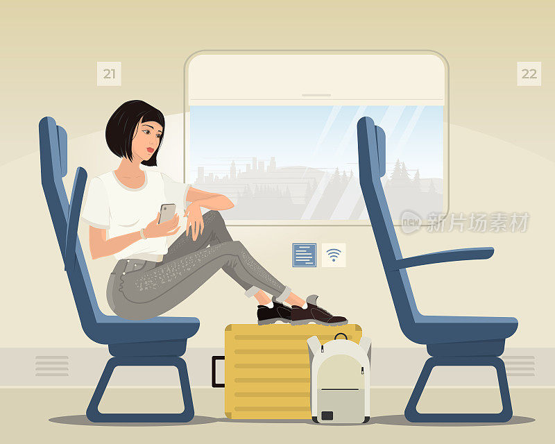 一个年轻的女孩正在坐火车。她坐在椅子上，看着窗外。窗外是森林和城市的景色。行驶中的车辆，窗外的景色，坐着的人，行李。矢量插图。