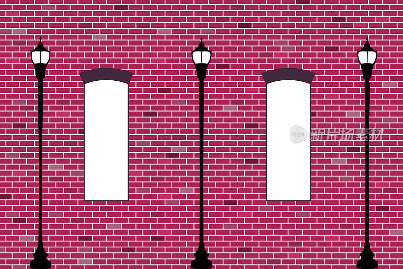 复古的城市街道建筑街灯砖墙小巷窗户灯路灯路灯路灯平面矢量插图