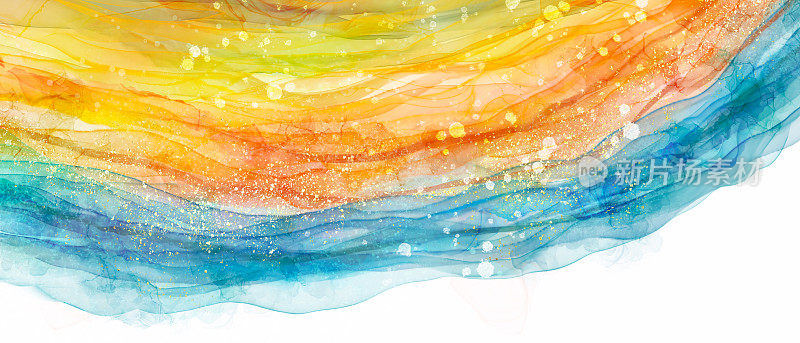 酒精水墨艺术抽象插画背景，维生素色，液体，曲线，生动，横幅，黄色，橙色，绿松石，黄金，闪光，开朗，夏天
