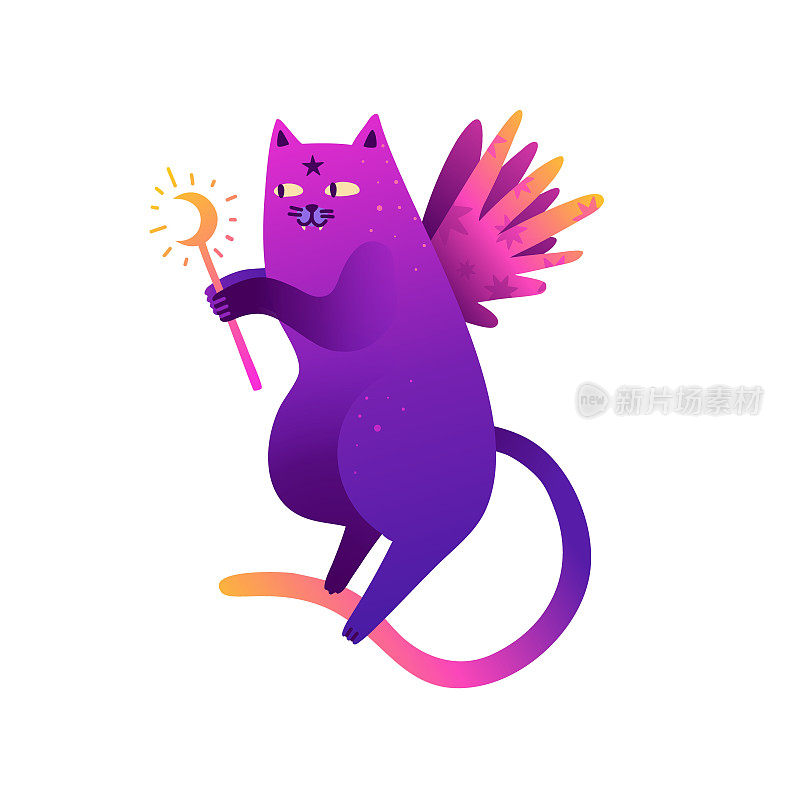 可爱的插图与神秘闪亮的猫。有星星和翅膀的猫的魔法角色。深奥的卡通霓虹风格。
可爱的猫咪，适合在织物上印刷。向量。