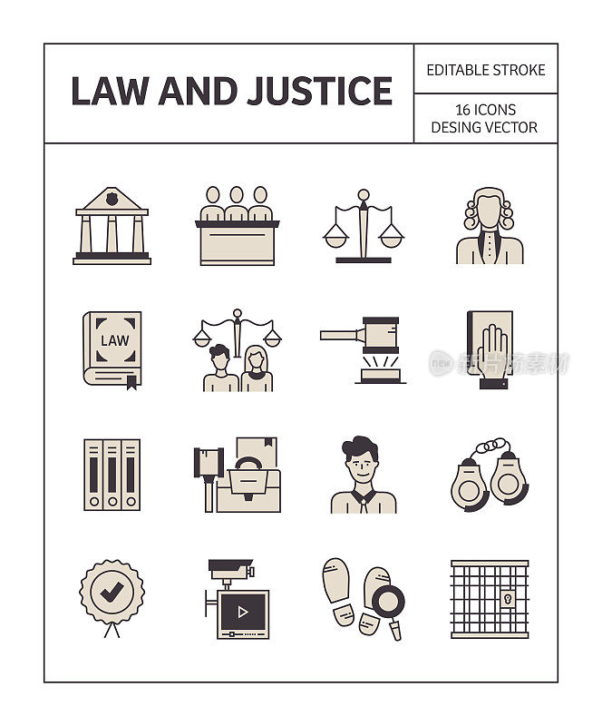 法律和正义图标集简单的外观和丰富多彩的设计。