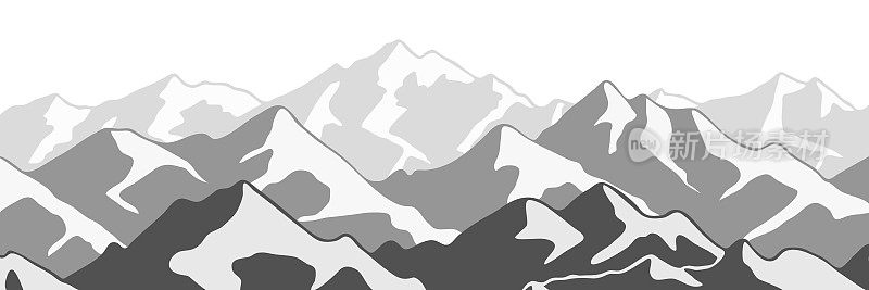 白雪皑皑的山峰，山峦全景，黑白分明