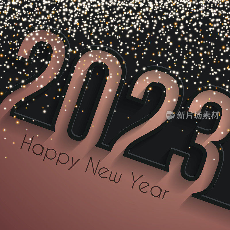 2023年新年快乐，金色闪光-黑色背景