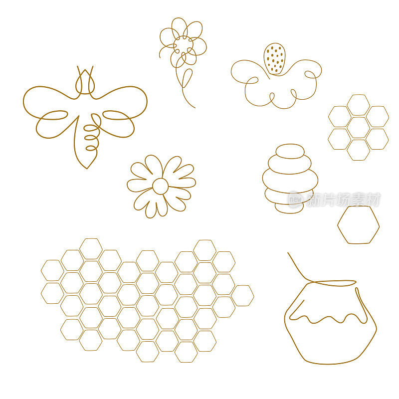 单个连续线条绘制图标。一行花，蜜蜂，蜜蜂罐，蜂箱。矢量图