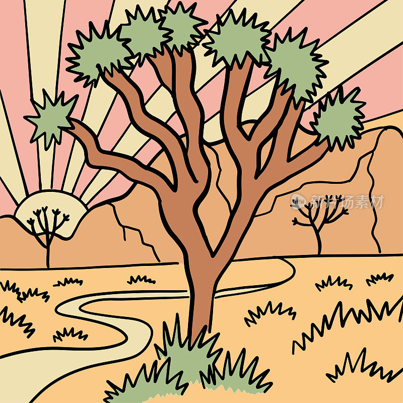约书亚树亚利桑那沙漠探险景观。线性复古矢量艺术品。日落的背景。