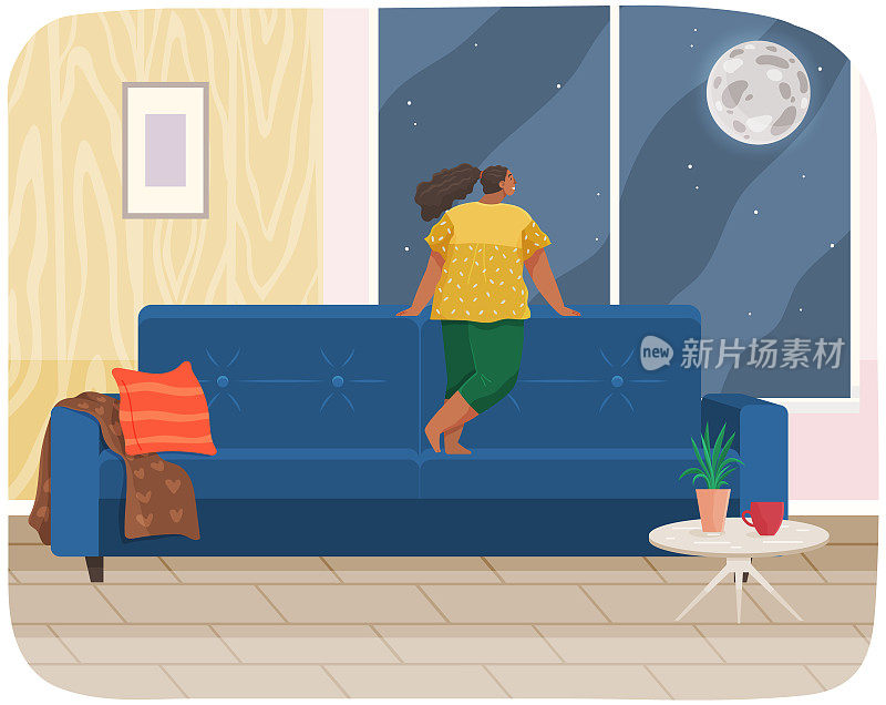 在儿童房，女孩正站在窗台边看窗外的月亮