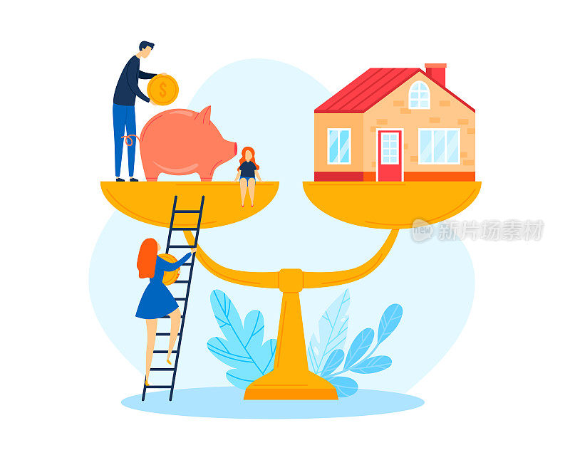 存钱买房，按揭钱的价格和房子投资的概念，矢量说明。家庭特征和财产贷款符号