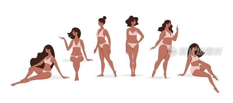 穿着泳装的黑人少女以不同的姿势站着或坐着、美容院穿着内衣的女性形象、女性健康、海滩度假。矢量插图隔离在白色背景上。