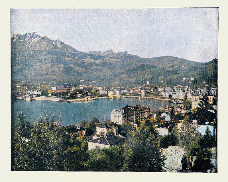 彩色古董照片，卢塞恩的城市景观，瑞士在19世纪，卢塞恩湖，山脉