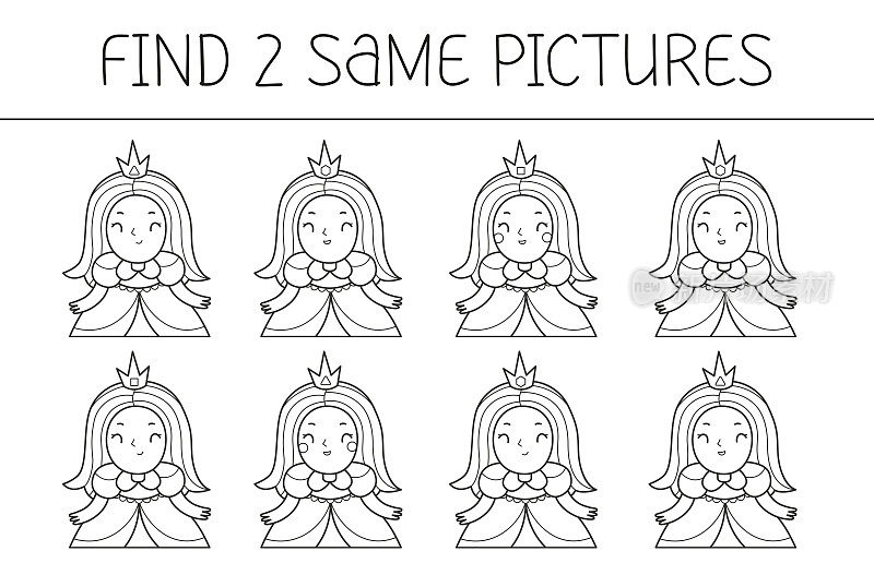 找两张一些图片是一款适合带公主的小朋友的教育游戏。可爱的公主填色书。矢量插图。