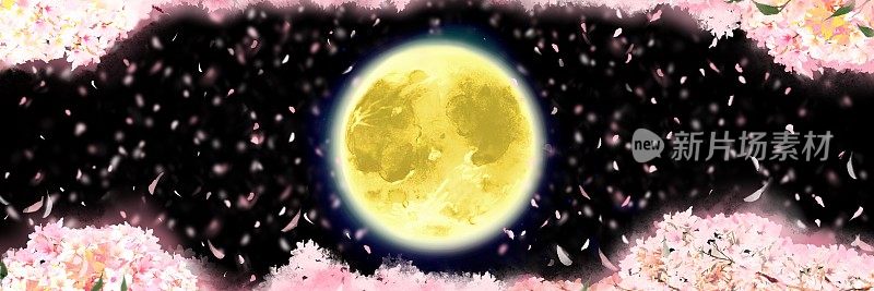 日本风景背景插图一轮美丽的圆月，日本金叶云和夜晚盛开的樱花，樱花在暴风雪中神秘地舞蹈下来。