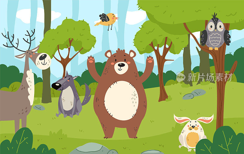 森林动物插画景观林地背景概念。矢量图形设计说明