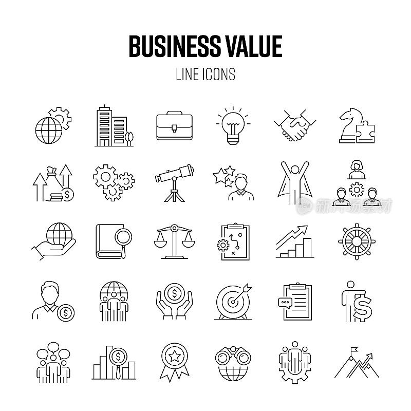 业务价值线图标集。团队合作，合同，战略，财务，领导力