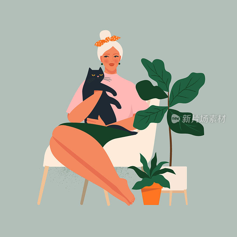 可爱的微笑的年轻女孩和猫坐在舒适的沙发上。可爱的女人花时间在家里和她的家畜。快乐宠物主人的肖像。平面卡通矢量插图。