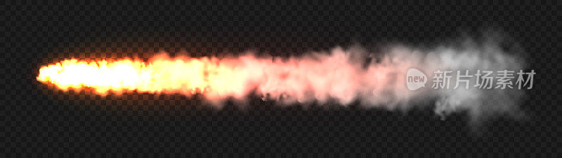 逼真的白烟带火，太空火箭发射痕迹。大火爆发，爆炸。导弹或子弹痕迹。喷气式飞机的轨迹。烟云，雾。蒸汽流量。矢量图
