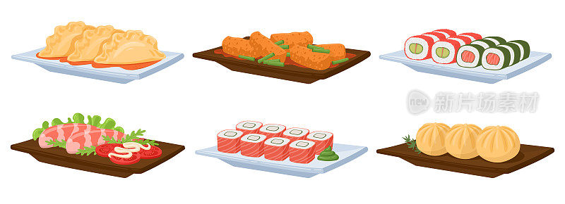 卡通亚洲食物盘子。传统亚洲美食，日本海鲜，寿司卷，饺子和虾平面矢量插图设置在白色背景