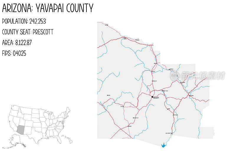 美国亚利桑那州亚瓦派县地图。