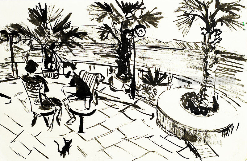黑色墨水插图的人放松在桌子与棕榈树在晚上