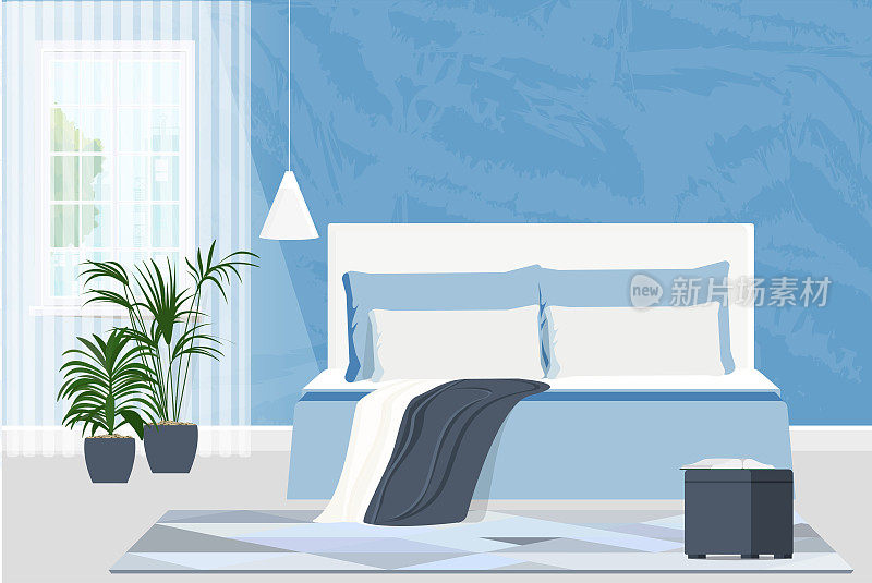 天蓝色的卧室内饰有双人床、植物和一本打开的书。