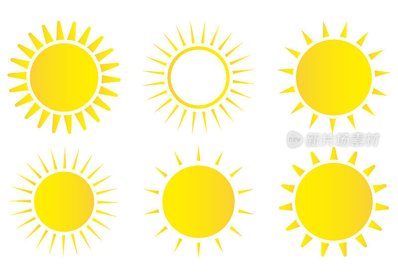 太阳图标设置。天气太阳图标。黄色的太阳星。夏季元素的设计。