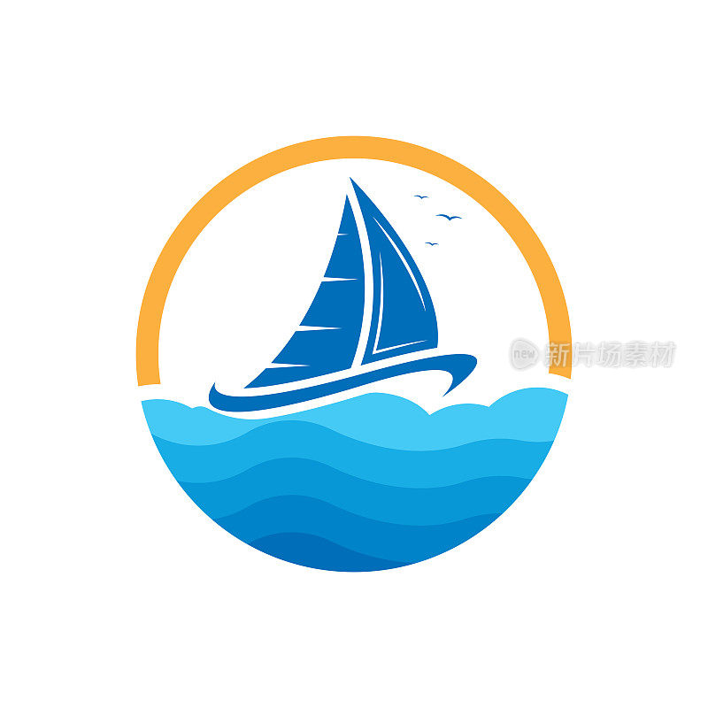 帆船船在海上海浪与标志设计简单的船