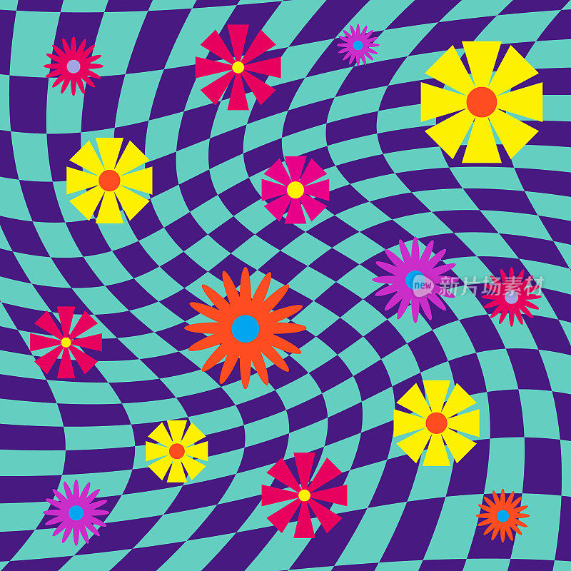 紫蓝色迷幻方形几何图案与花朵。视错觉背景60s