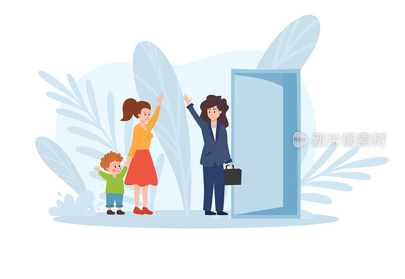 女人去工作，说再见，她的儿子和保姆，平面矢量插图孤立的白色背景。