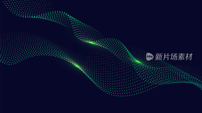 深蓝色抽象背景上的动态绿色粒子波线。抽象声音可视化。发光粒子波流的数字结构。