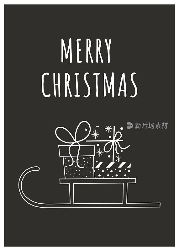 圣诞贺卡快乐。矢量插图圣诞雪橇与礼品盒。手绘风格。卡通设计。冬天的明信片。