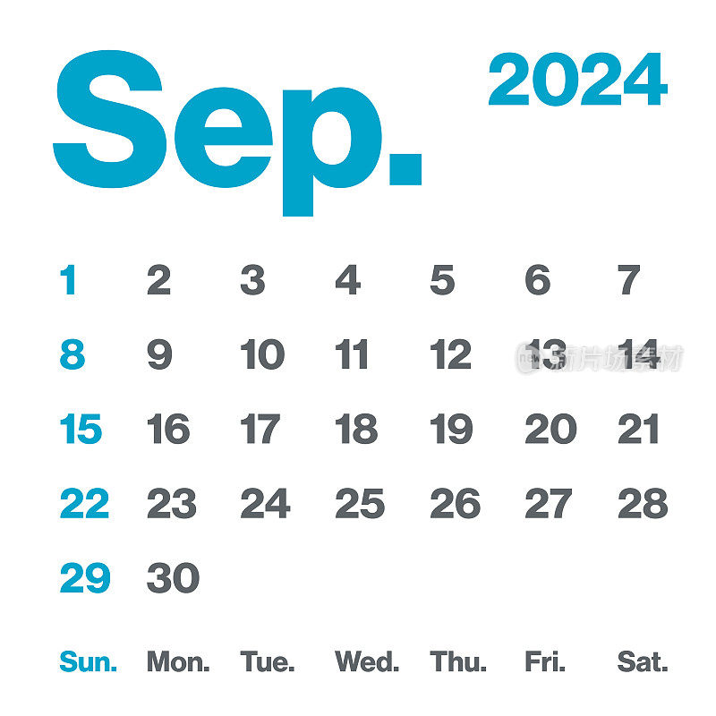 2024年9月-月历。极简风格的方形日历。向量模板。一周从周日开始