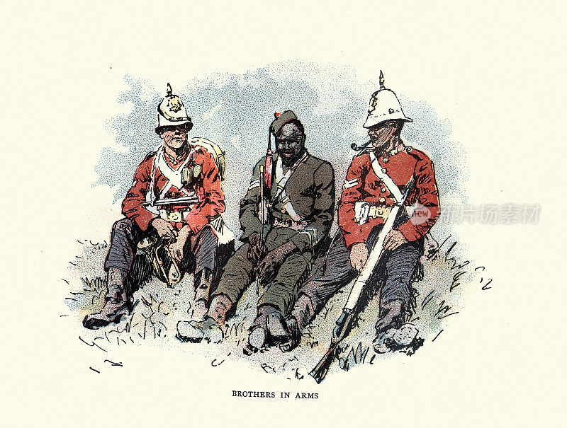 英国军队的军事演习，英国和殖民地士兵，战友，19世纪90年代的维多利亚历史