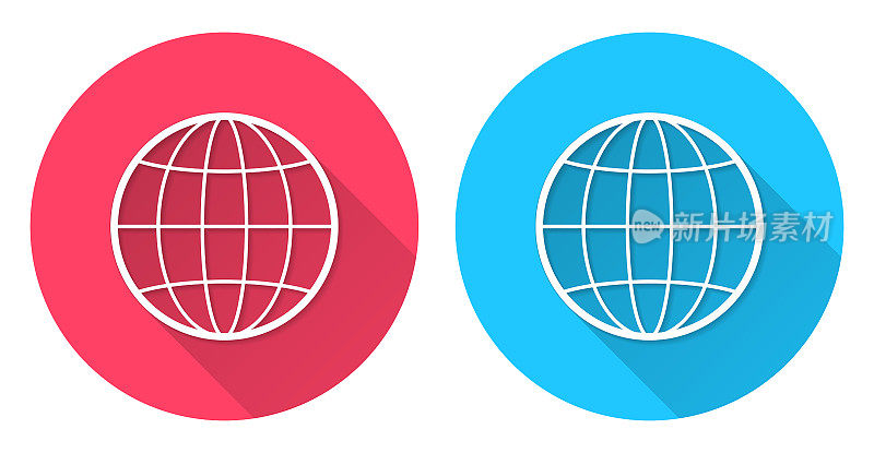 全球。圆形图标与长阴影在红色或蓝色的背景