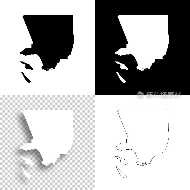 加州洛杉矶县。设计地图。空白，白色和黑色背景
