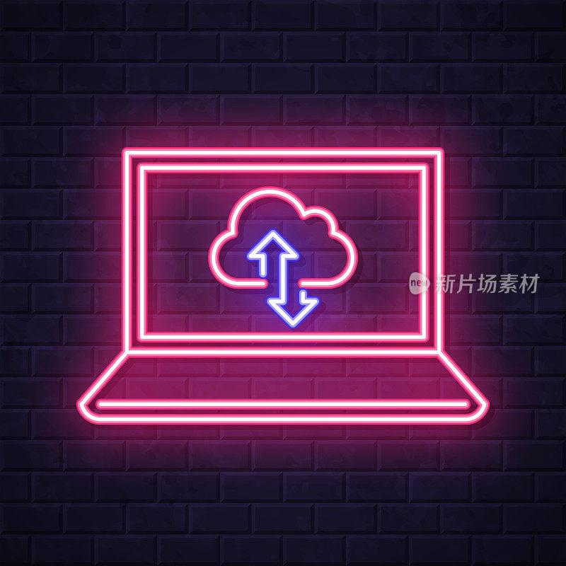 云下载和上传与笔记本电脑。在砖墙背景上发光的霓虹灯图标