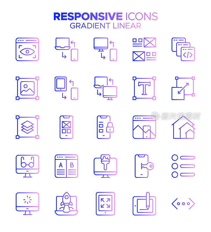 采购产品响应和设备-梯度细线矢量图标集-响应式网页设计，计算机图形，桌面PC，数字平板电脑，开发